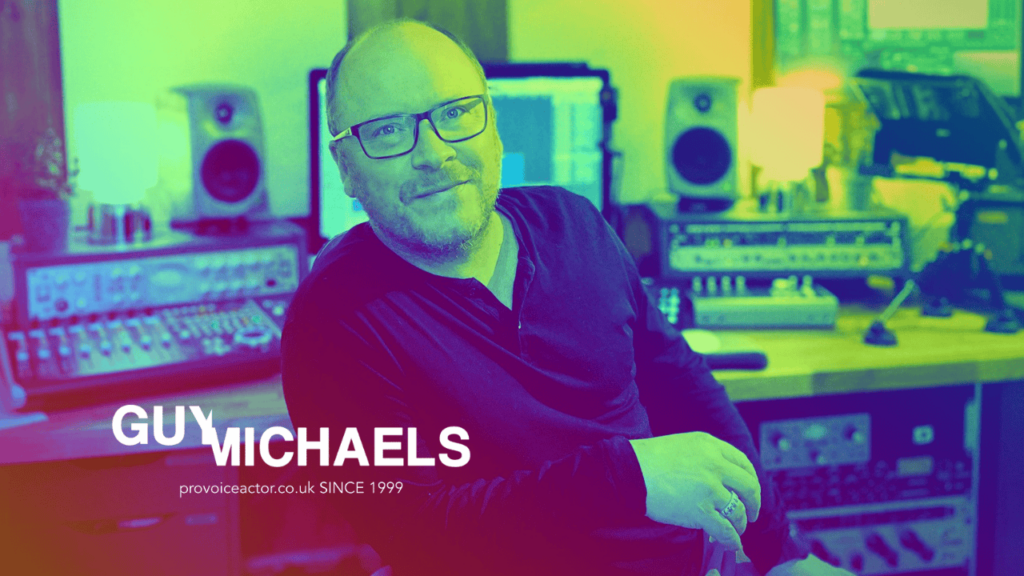 British voice artist Guy Michaels recording in his professional voiceover studio